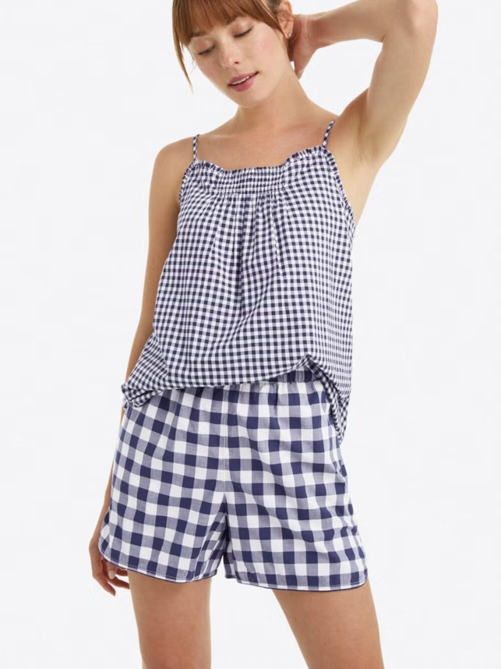 Lands' End X Draper Jamea All Cotton Navy White Gingham Pockets Pull-up Shorts